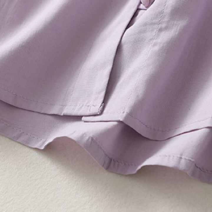 Camisa de lino y algodón de media manga con diseño de cuello con volantes y botones de rana para mujer con Buddha Stones