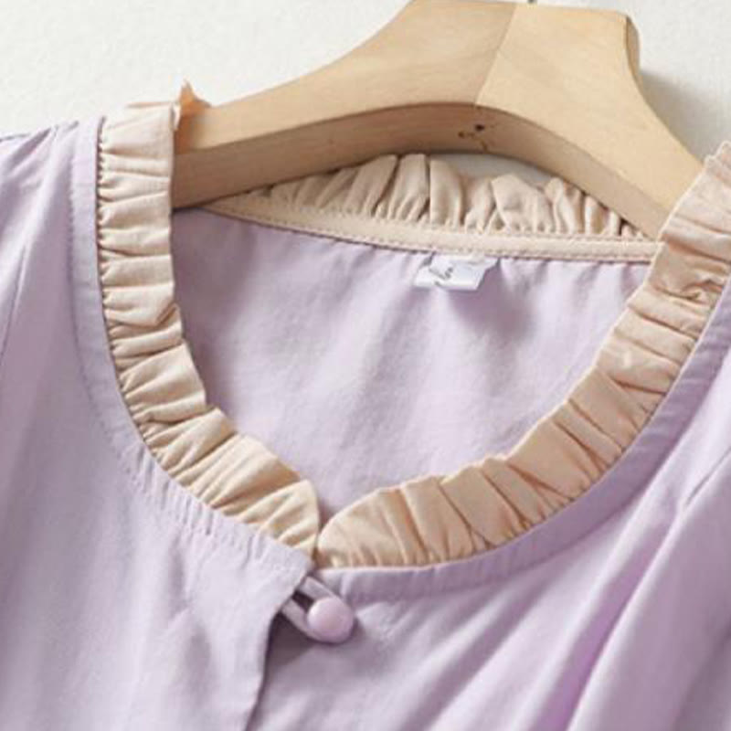 Camisa de lino y algodón de media manga con diseño de cuello con volantes y botones de rana para mujer con Buddha Stones