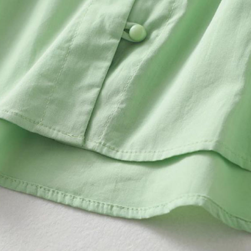 Camisa de lino y algodón de media manga con diseño de cuello con volantes y botones de rana para mujer con Buddha Stones