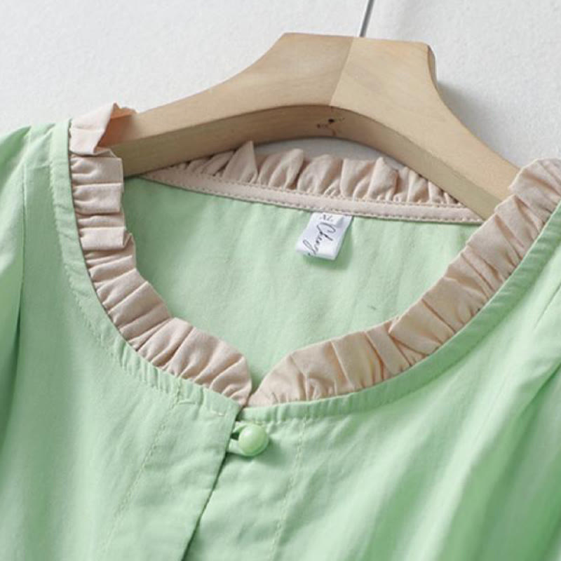 Camisa de lino y algodón de media manga con diseño de cuello con volantes y botones de rana para mujer con Buddha Stones