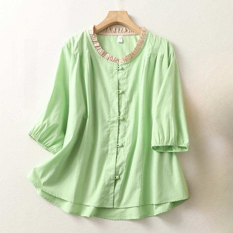 Camisa de lino y algodón de media manga con diseño de cuello con volantes y botones de rana para mujer con Buddha Stones