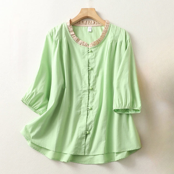 Camisa de lino y algodón de media manga con diseño de cuello con volantes y botones de rana para mujer con Buddha Stones