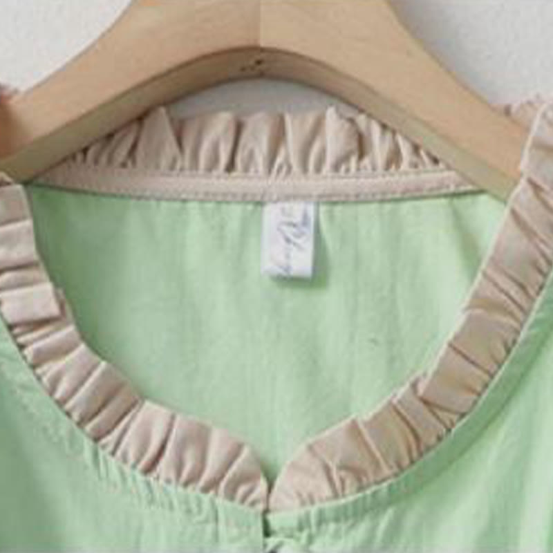 Camisa de lino y algodón de media manga con diseño de cuello con volantes y botones de rana para mujer con Buddha Stones