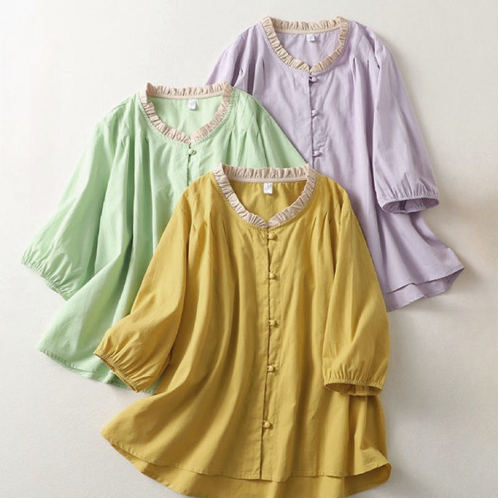 Camisa de lino y algodón de media manga con diseño de cuello con volantes y botones de rana para mujer con Buddha Stones