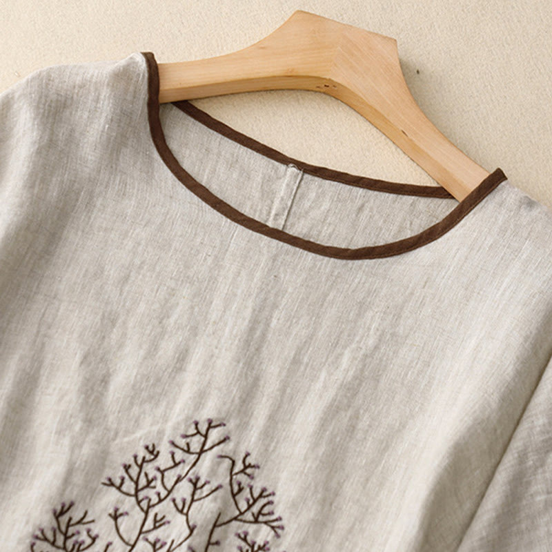 Camiseta de lino y algodón de media manga con cuello redondo y diseño informal de Buddha Stones con bordado de árbol y cordón para mujer