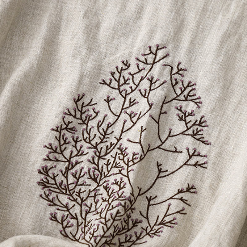 Camiseta de lino y algodón de media manga con cuello redondo y diseño informal de Buddha Stones con bordado de árbol y cordón para mujer