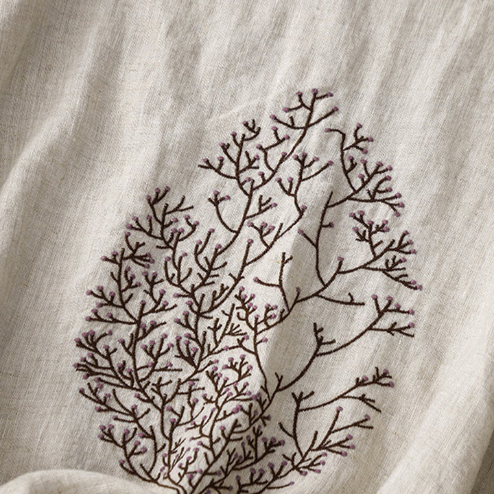 Camiseta de lino y algodón de media manga con cuello redondo y diseño informal de Buddha Stones con bordado de árbol y cordón para mujer