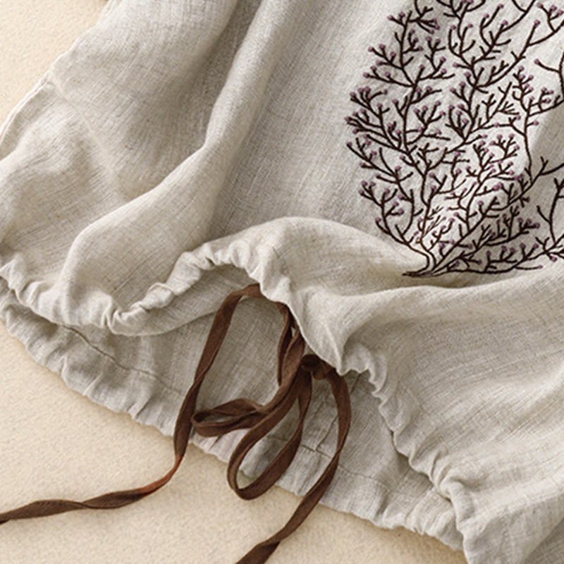 Camiseta de manga corta de algodón y lino con cuello redondo y diseño informal de árbol bordado con Buddha Stones y cordón ajustable para mujer. - image 4