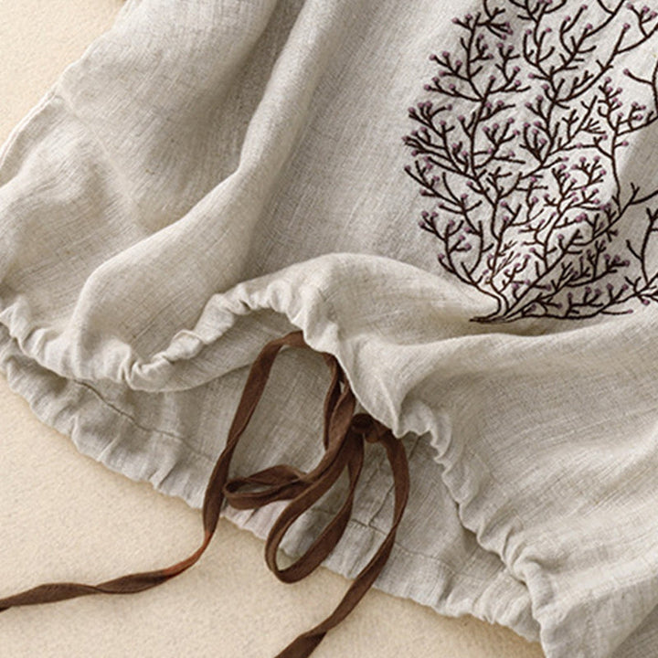 Camiseta de manga corta de algodón y lino con cuello redondo y diseño informal de árbol bordado con Buddha Stones y cordón ajustable para mujer. - image 4