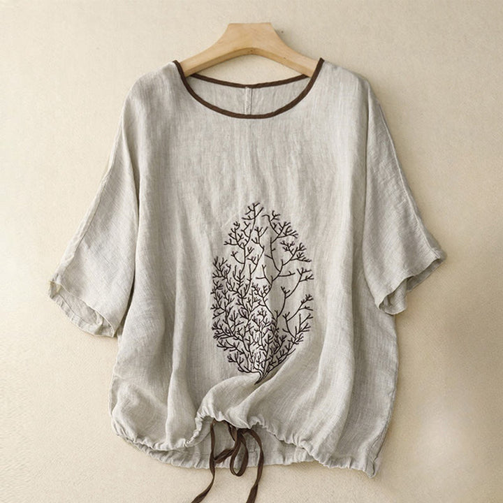 Camiseta de lino y algodón de media manga con cuello redondo y diseño informal de Buddha Stones con bordado de árbol y cordón para mujer
