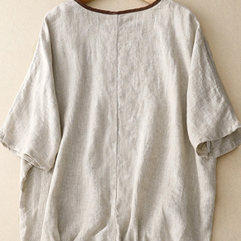 Camiseta de lino y algodón de media manga con cuello redondo y diseño informal de Buddha Stones con bordado de árbol y cordón para mujer