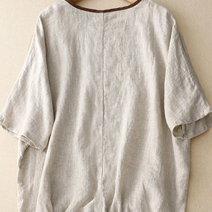 Camiseta de lino y algodón de media manga con cuello redondo y diseño informal de Buddha Stones con bordado de árbol y cordón para mujer