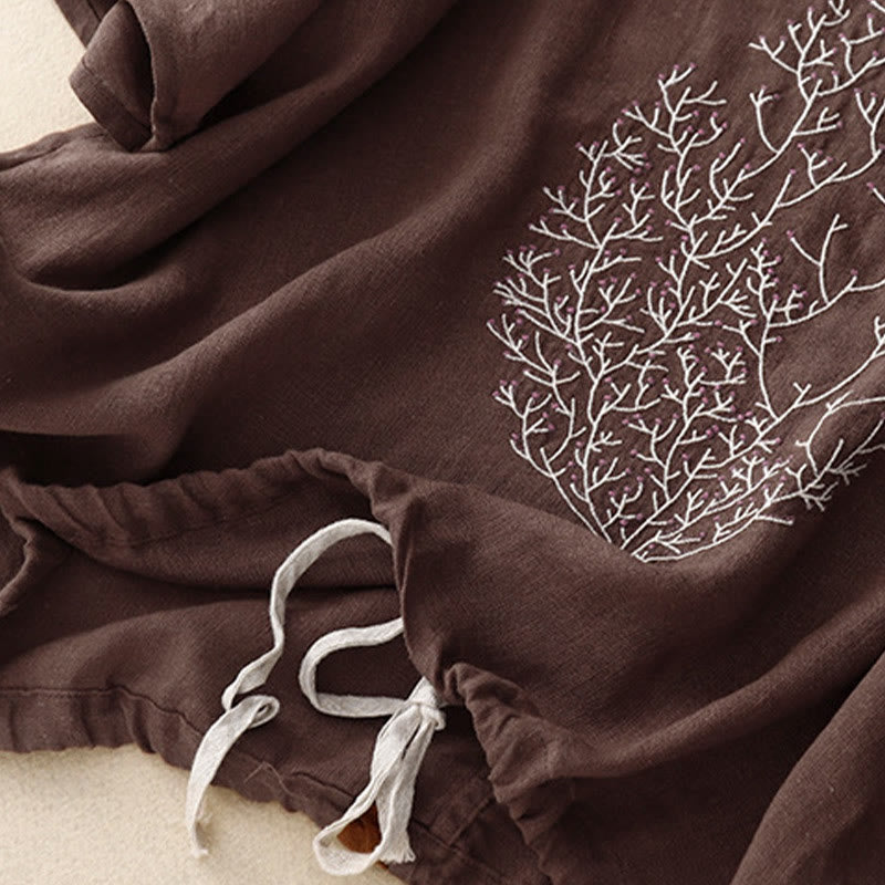 Camiseta de lino y algodón de media manga con cuello redondo y diseño informal de Buddha Stones con bordado de árbol y cordón para mujer