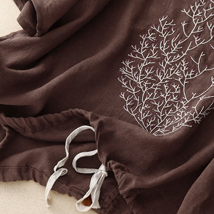 Camiseta de lino y algodón de media manga con cuello redondo y diseño informal de Buddha Stones con bordado de árbol y cordón para mujer