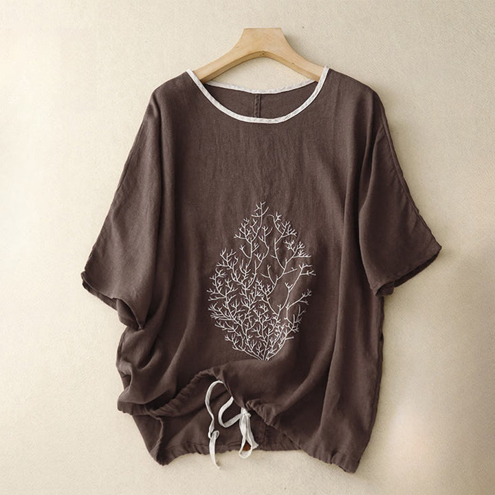 Camiseta de lino y algodón de media manga con cuello redondo y diseño informal de Buddha Stones con bordado de árbol y cordón para mujer