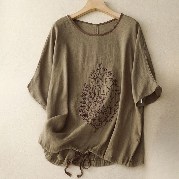 Camiseta de lino y algodón de media manga con cuello redondo y diseño informal de Buddha Stones con bordado de árbol y cordón para mujer