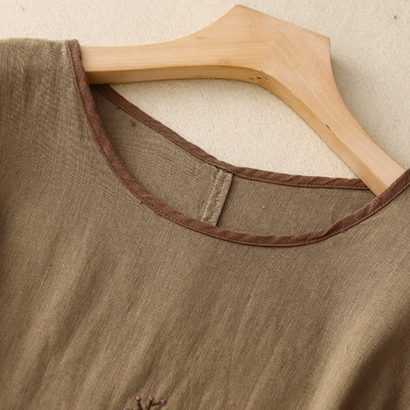 Camiseta de lino y algodón de media manga con cuello redondo y diseño informal de Buddha Stones con bordado de árbol y cordón para mujer