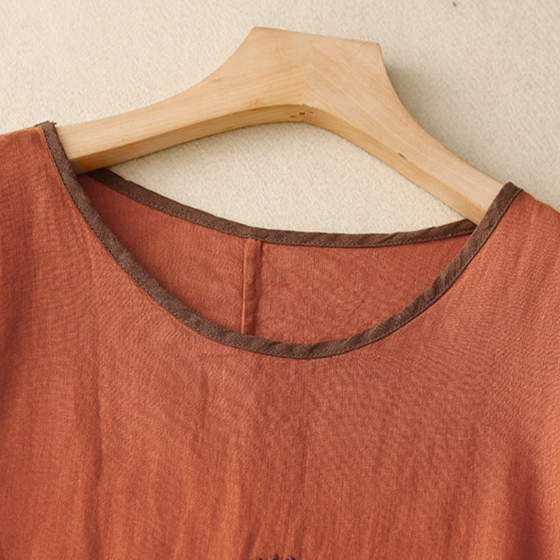 Camiseta de lino y algodón de media manga con cuello redondo y diseño informal de Buddha Stones con bordado de árbol y cordón para mujer