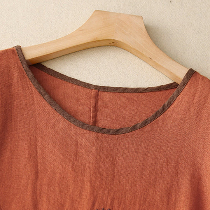Camiseta de lino y algodón de media manga con cuello redondo y diseño informal de Buddha Stones con bordado de árbol y cordón para mujer