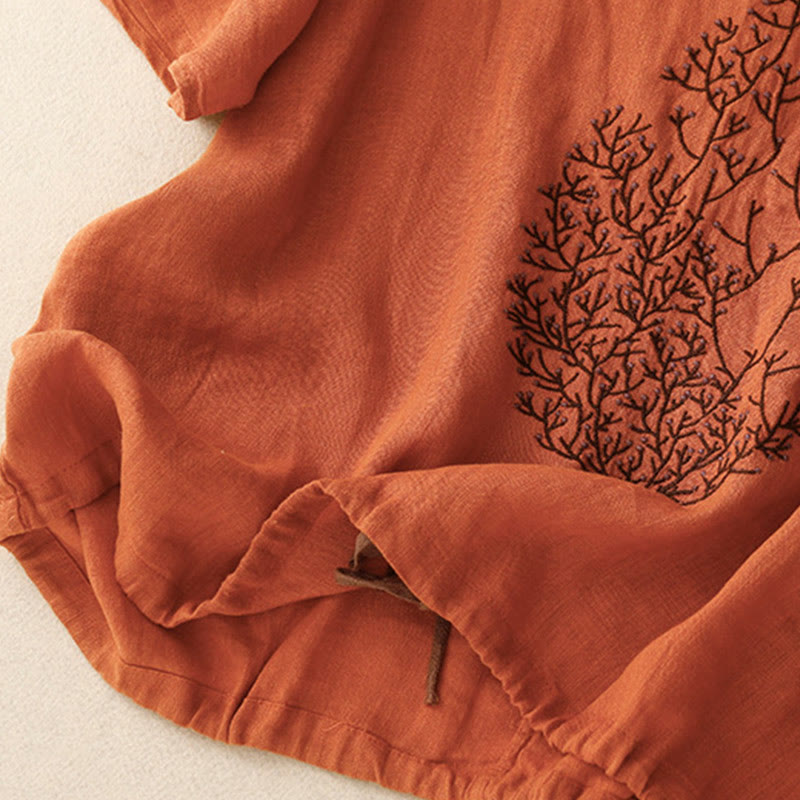 Camiseta de lino y algodón de media manga con cuello redondo y diseño informal de Buddha Stones con bordado de árbol y cordón para mujer