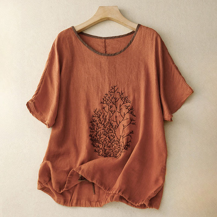 Camiseta de lino y algodón de media manga con cuello redondo y diseño informal de Buddha Stones con bordado de árbol y cordón para mujer