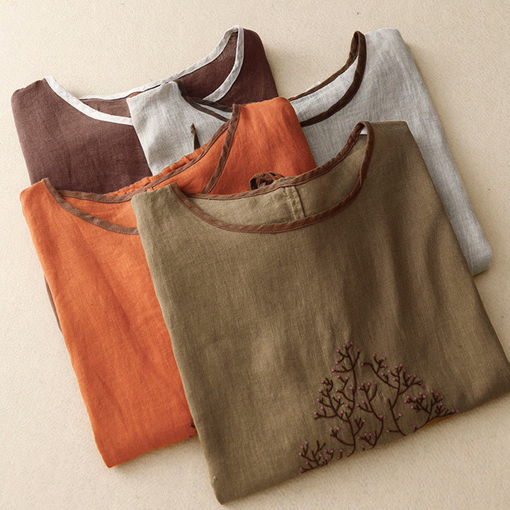 Camiseta de lino y algodón de media manga con cuello redondo y diseño informal de Buddha Stones con bordado de árbol y cordón para mujer
