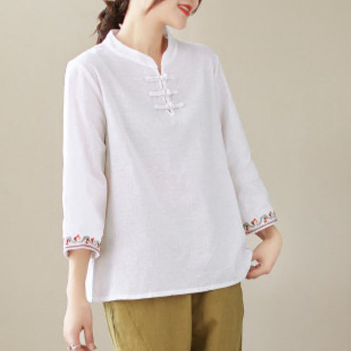 Camisa de lino y algodón con mangas tres cuartos y cuello redondo para mujer con diseño informal de jacquard y botones de rana de Buddha Stones - image 3