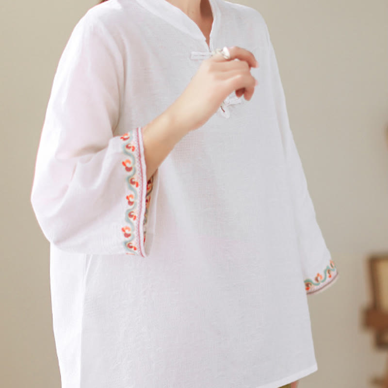 Camisa de lino y algodón con mangas tres cuartos y cuello redondo para mujer con diseño informal de jacquard y botones de rana de Buddha Stones - image 2
