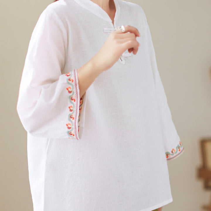 Camisa de lino y algodón con mangas tres cuartos y cuello redondo para mujer con diseño informal de jacquard y botones de rana de Buddha Stones - image 2