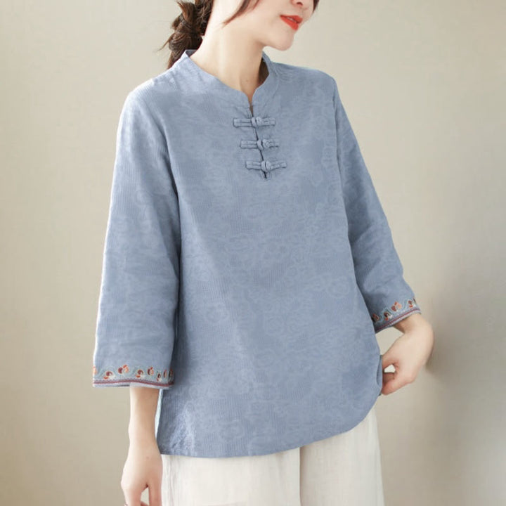 Camisa de lino y algodón con mangas tres cuartos y cuello redondo para mujer con diseño informal de jacquard y botones de rana de Buddha Stones - Azul celeste claro - US8-10，UK/AU12-14，EU40-42 (2XL) - image 12
