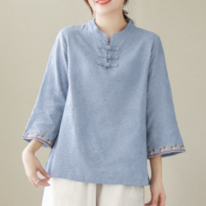 Camisa de lino y algodón con mangas tres cuartos y cuello redondo para mujer con diseño informal de jacquard y botones de rana de Buddha Stones - image 14