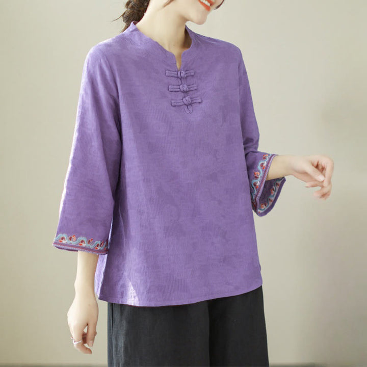 Camisa de lino y algodón con mangas tres cuartos y cuello redondo para mujer con diseño informal de jacquard y botones de rana de Buddha Stones - Azul violeta - US8-10，UK/AU12-14，EU40-42 (2XL) - image 20