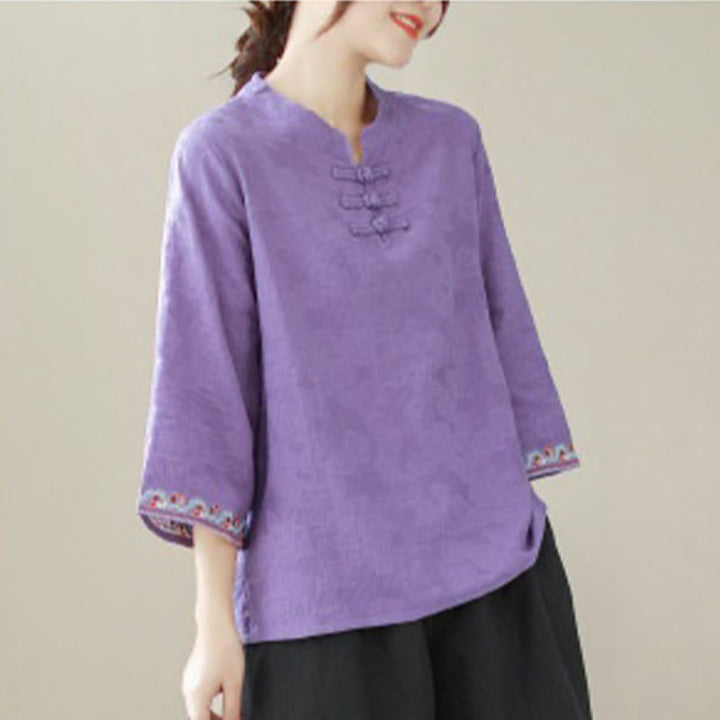 Camisa de lino y algodón con mangas tres cuartos y cuello redondo para mujer con diseño informal de jacquard y botones de rana de Buddha Stones - image 22