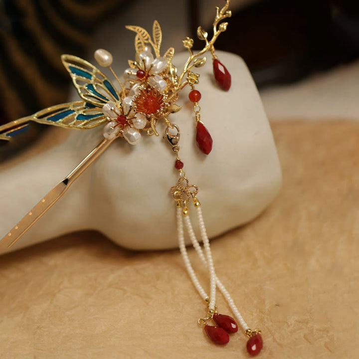 Horquilla para el pelo con forma de flor de estilo chino clásico con forma de mariposa y borlas de perlas y piedras de Buddha Stones