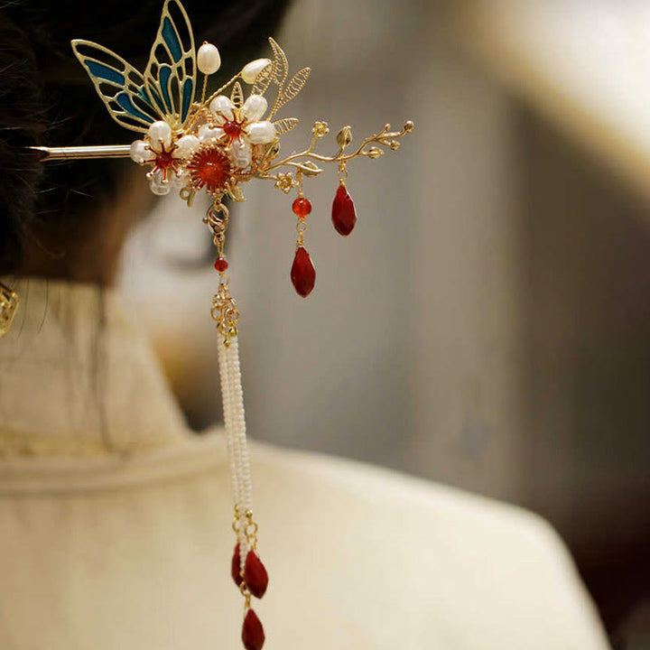 Horquilla para el pelo con forma de flor de estilo chino clásico con forma de mariposa y borlas de perlas y piedras de Buddha Stones