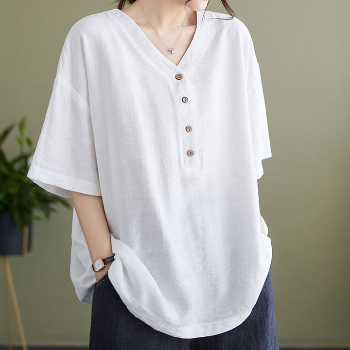 Camisa de viscosa de media manga con diseño de escote en V y estampado casual de Buddha Stones para mujer