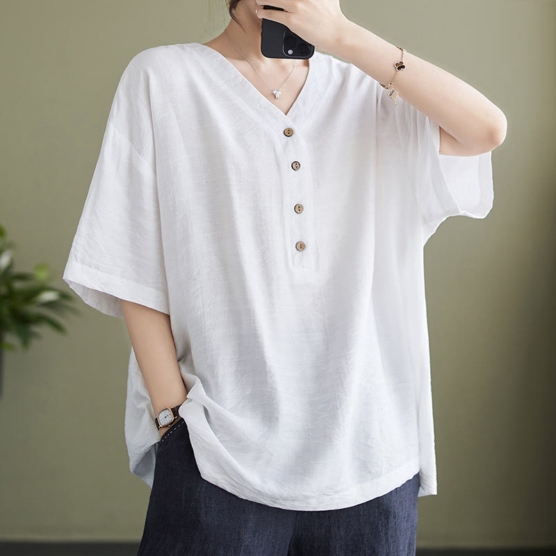 Camisa de viscosa de media manga con diseño de escote en V y estampado casual de Buddha Stones para mujer