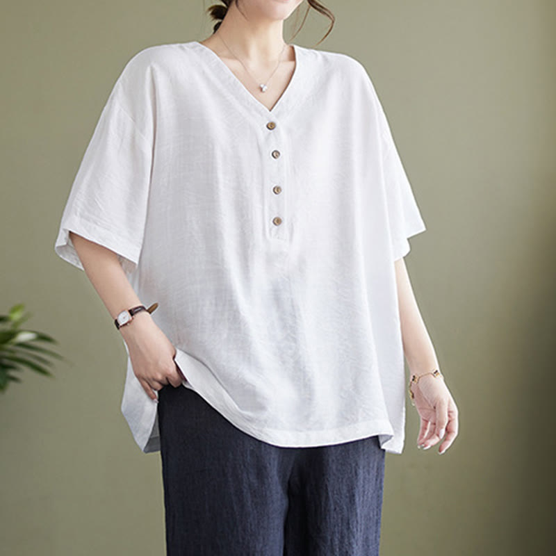 Camisa de viscosa de media manga con diseño de escote en V y estampado casual de Buddha Stones para mujer