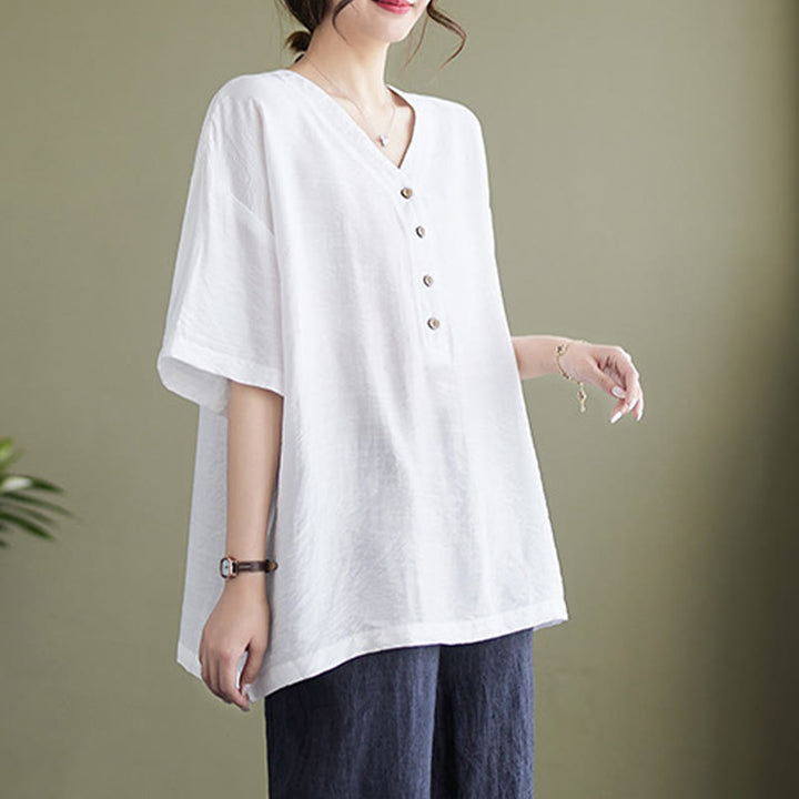 Camisa de viscosa de media manga con diseño de escote en V y estampado casual de Buddha Stones para mujer