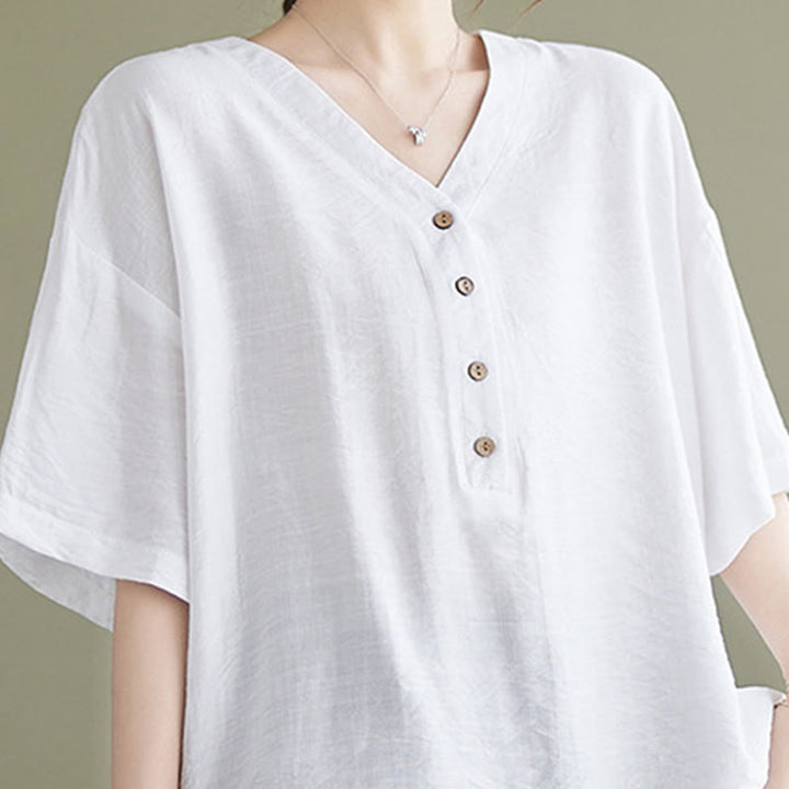 Camisa de viscosa de media manga con diseño de escote en V y estampado casual de Buddha Stones para mujer