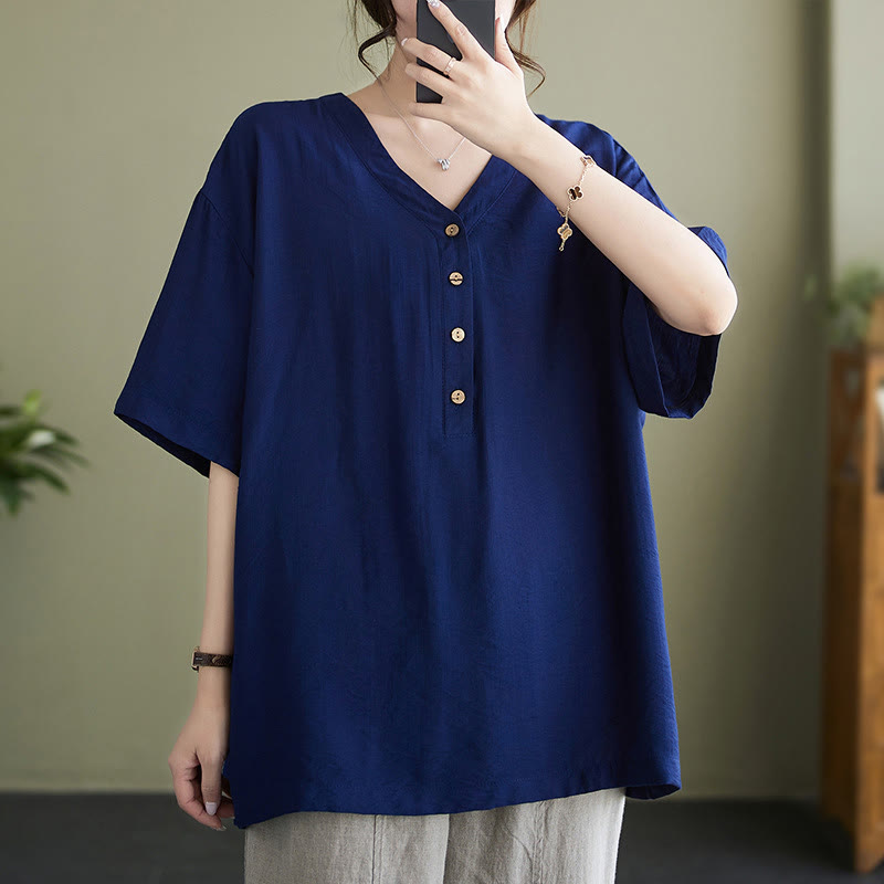 Camisa de viscosa de media manga con diseño de escote en V y estampado casual de Buddha Stones para mujer