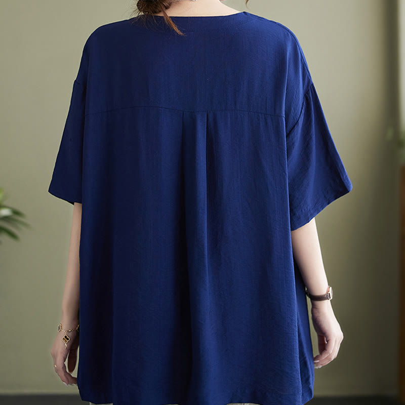 Camisa de viscosa de media manga con diseño de escote en V y estampado casual de Buddha Stones para mujer
