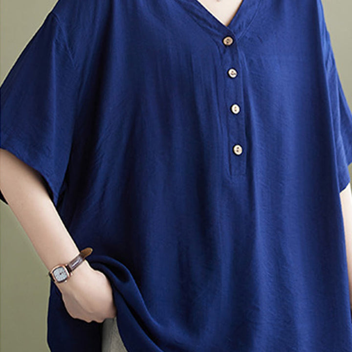 Camisa de viscosa de media manga con diseño de escote en V y estampado casual de Buddha Stones para mujer