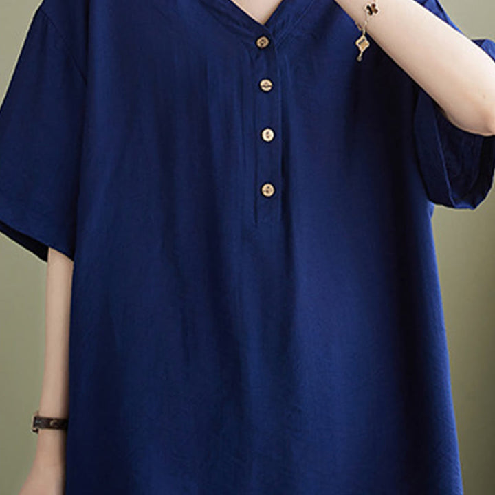 Camisa de viscosa de media manga con diseño de escote en V y estampado casual de Buddha Stones para mujer