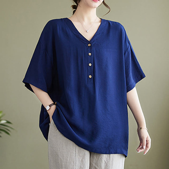 Camisa de viscosa de media manga con diseño de escote en V y estampado casual de Buddha Stones para mujer