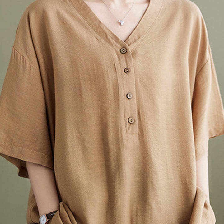 Camisa de viscosa de media manga con diseño de escote en V y estampado casual de Buddha Stones para mujer