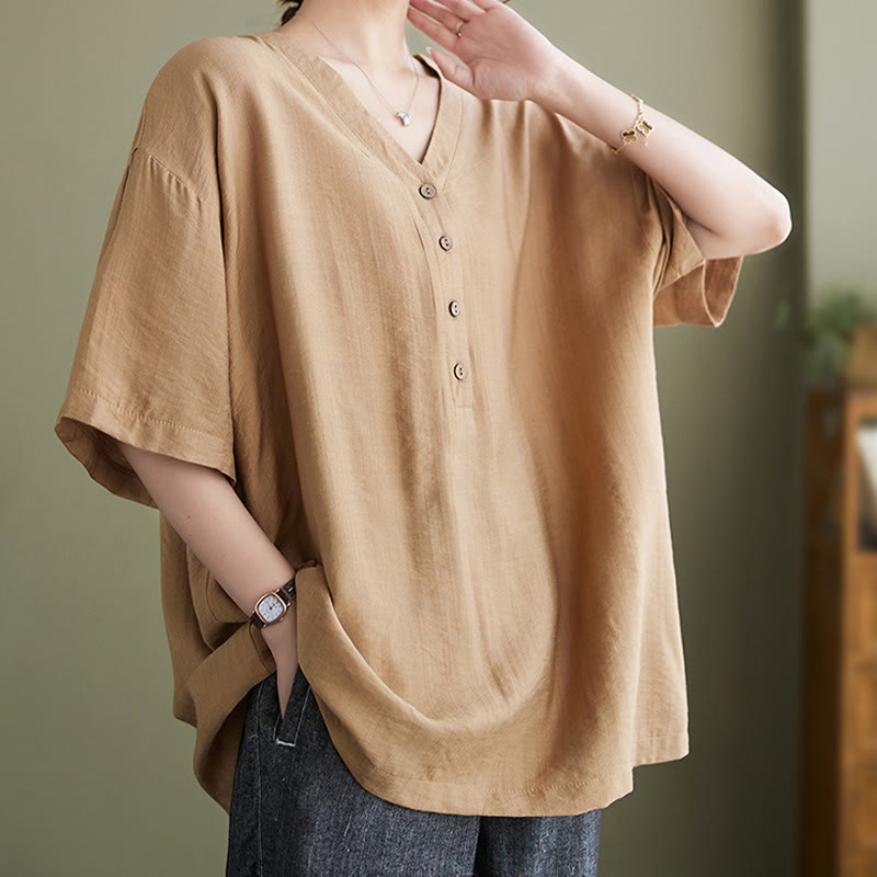 Camisa de viscosa de media manga con diseño de escote en V y estampado casual de Buddha Stones para mujer