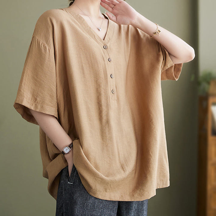 Camisa de viscosa de media manga con diseño de escote en V y estampado casual de Buddha Stones para mujer