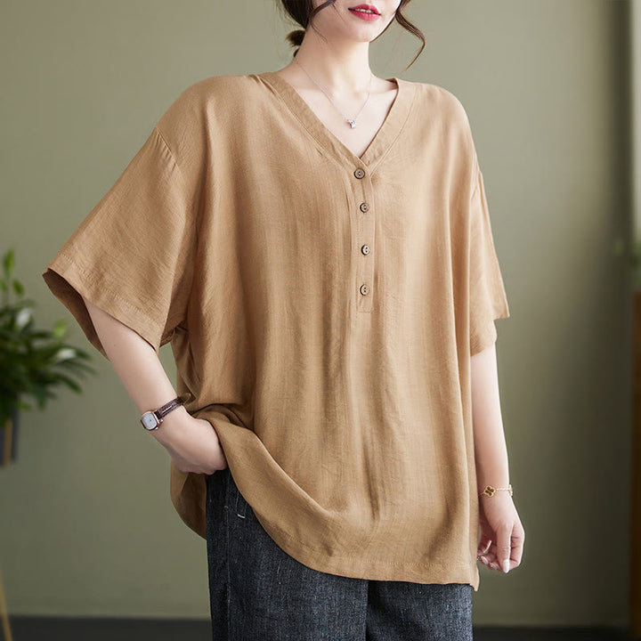 Camisa de viscosa de media manga con diseño de escote en V y estampado casual de Buddha Stones para mujer