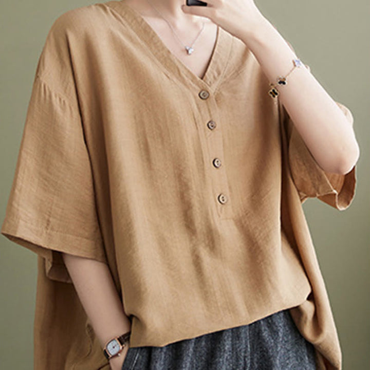 Camisa de viscosa de media manga con diseño de escote en V y estampado casual de Buddha Stones para mujer